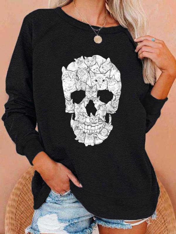 Women's T-Shirts Skull Print Round Neck Long Sleeve T-Shirts - LuckyFash™