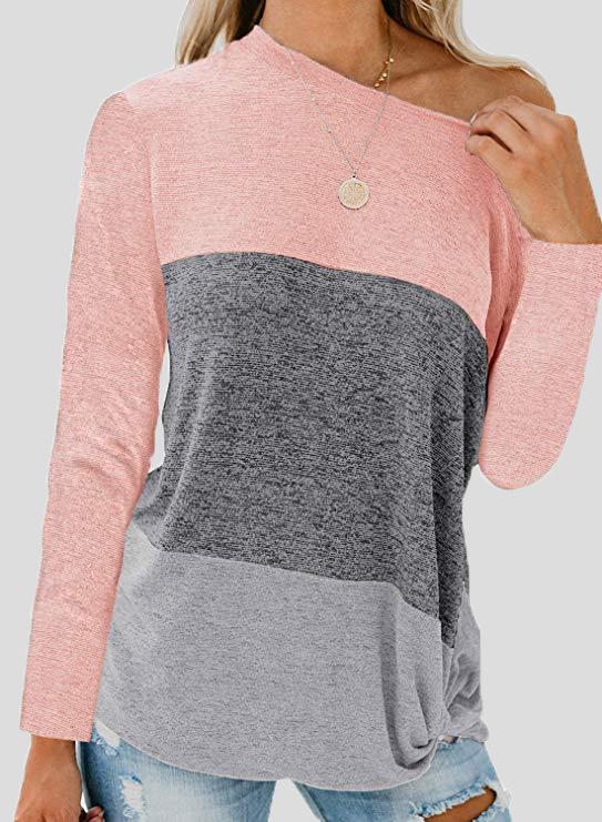 Women's T-Shirts Sloping Shoulder Contrast Twisted Long Sleeve T-Shirt - LuckyFash™