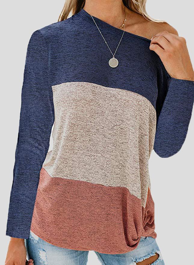 Women's T-Shirts Sloping Shoulder Contrast Twisted Long Sleeve T-Shirt - LuckyFash™