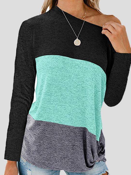 Women's T-Shirts Sloping Shoulder Contrast Twisted Long Sleeve T-Shirt - LuckyFash™