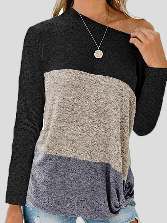 Women's T-Shirts Sloping Shoulder Contrast Twisted Long Sleeve T-Shirt - LuckyFash™