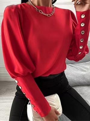 Women's T-Shirts Solid Round Neck Button Lantern Long Sleeve T-Shirt - LuckyFash™