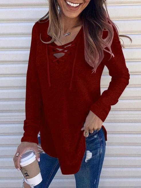 Women's T-Shirts Solid V-Neck Belted Long Sleeve T-Shirt - LuckyFash™