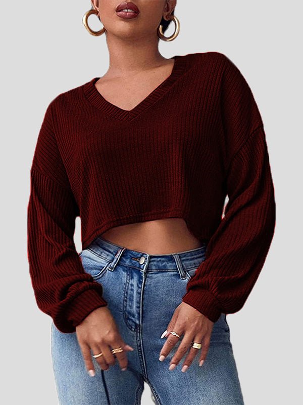 Women's T-Shirts Solid V-Neck Crop Long Sleeve Knit T-Shirt - LuckyFash™