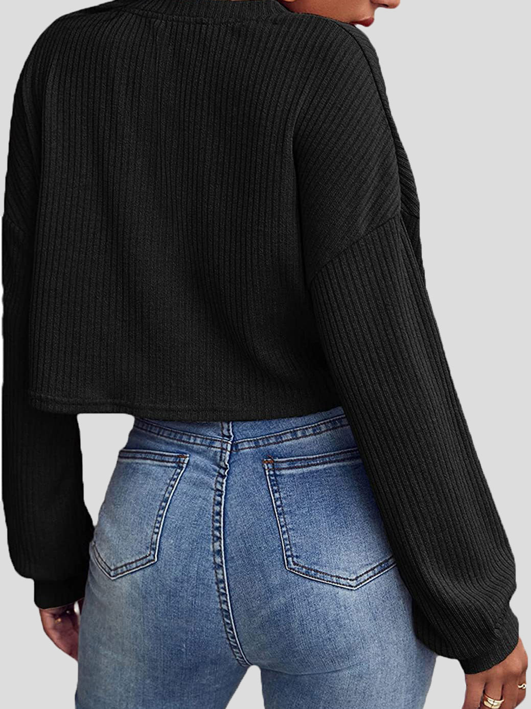 Women's T-Shirts Solid V-Neck Crop Long Sleeve Knit T-Shirt - LuckyFash™