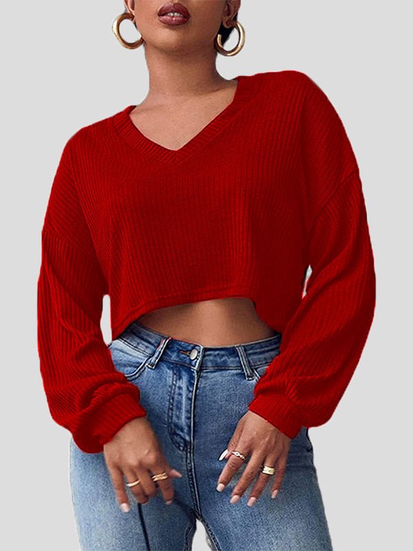 Women's T-Shirts Solid V-Neck Crop Long Sleeve Knit T-Shirt - LuckyFash™