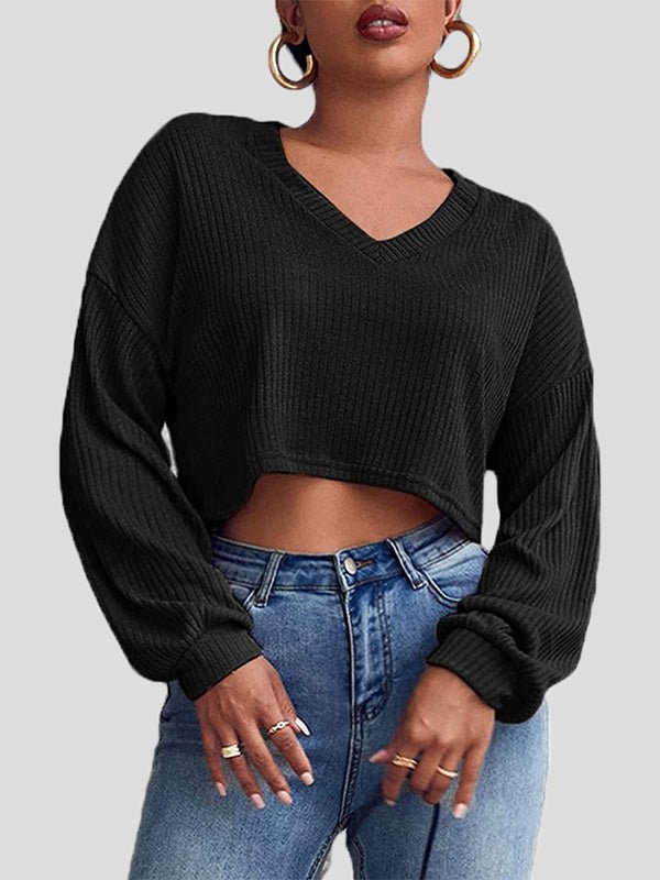 Women's T-Shirts Solid V-Neck Crop Long Sleeve Knit T-Shirt - LuckyFash™