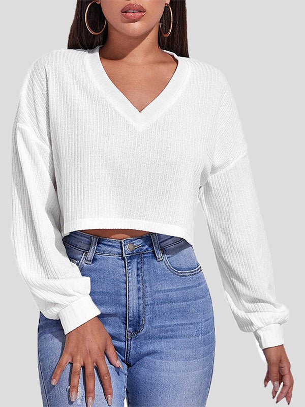 Women's T-Shirts Solid V-Neck Crop Long Sleeve Knit T-Shirt - LuckyFash™