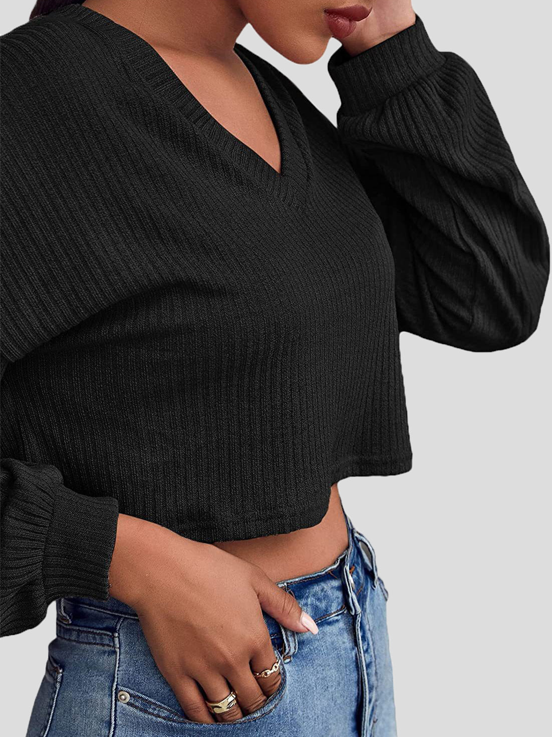 Women's T-Shirts Solid V-Neck Crop Long Sleeve Knit T-Shirt - LuckyFash™