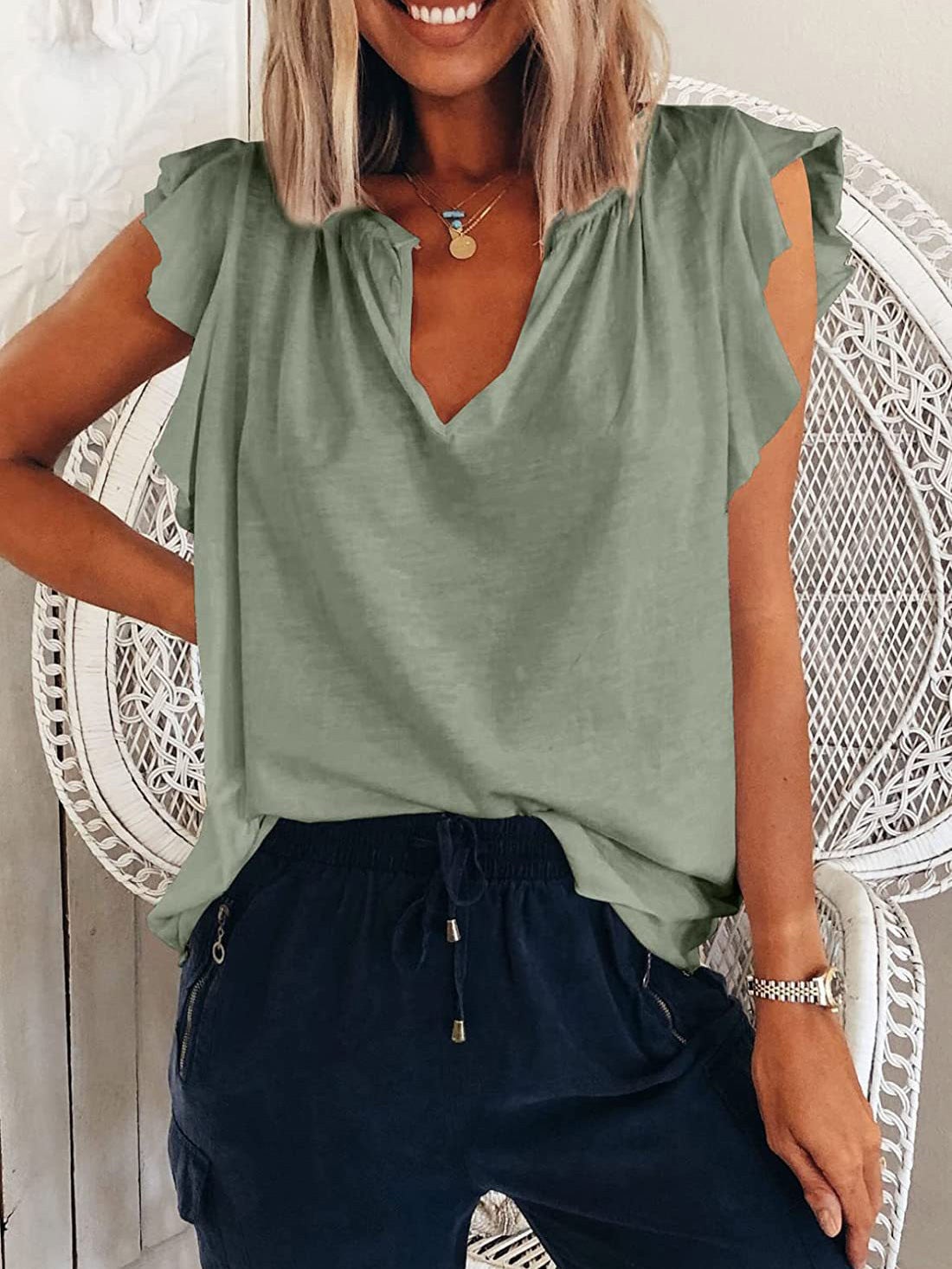 Women's T-Shirts Solid V-Neck Ruffle Short Sleeve T-Shirt - LuckyFash™