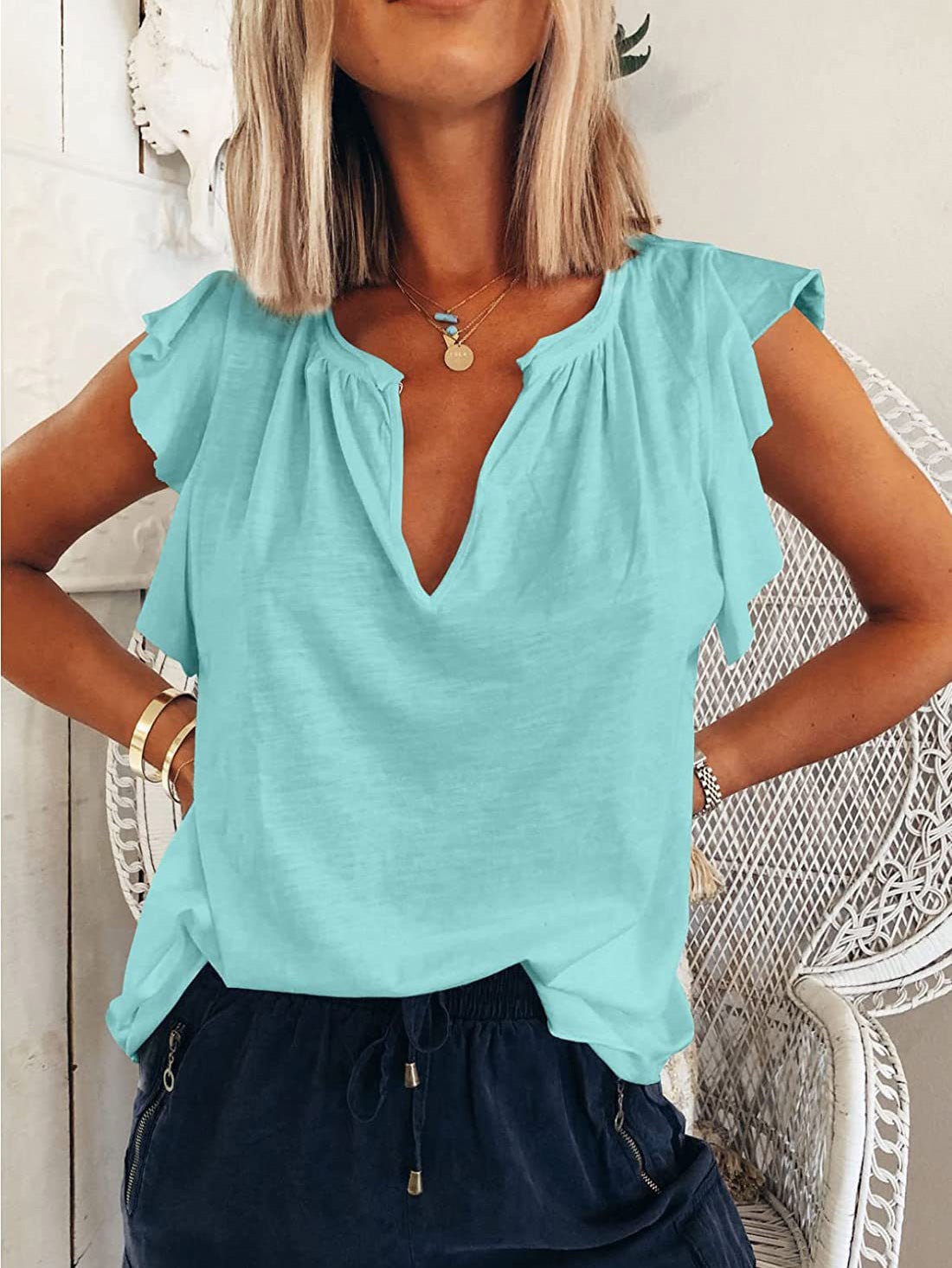 Women's T-Shirts Solid V-Neck Ruffle Short Sleeve T-Shirt - LuckyFash™