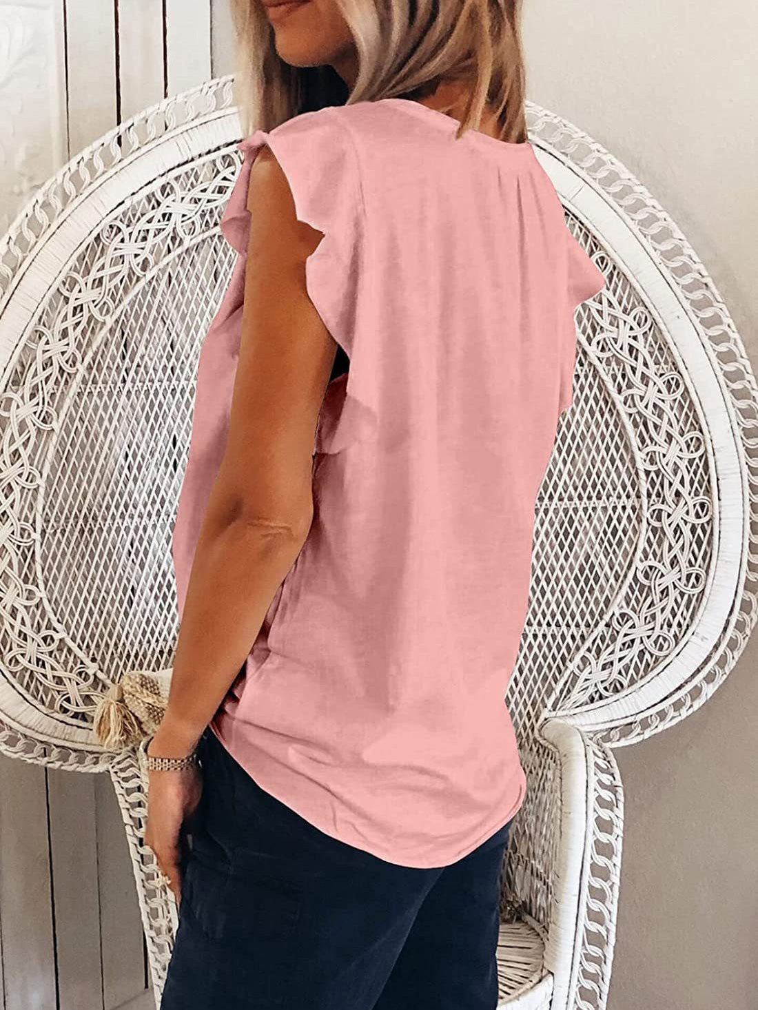 Women's T-Shirts Solid V-Neck Ruffle Short Sleeve T-Shirt - LuckyFash™