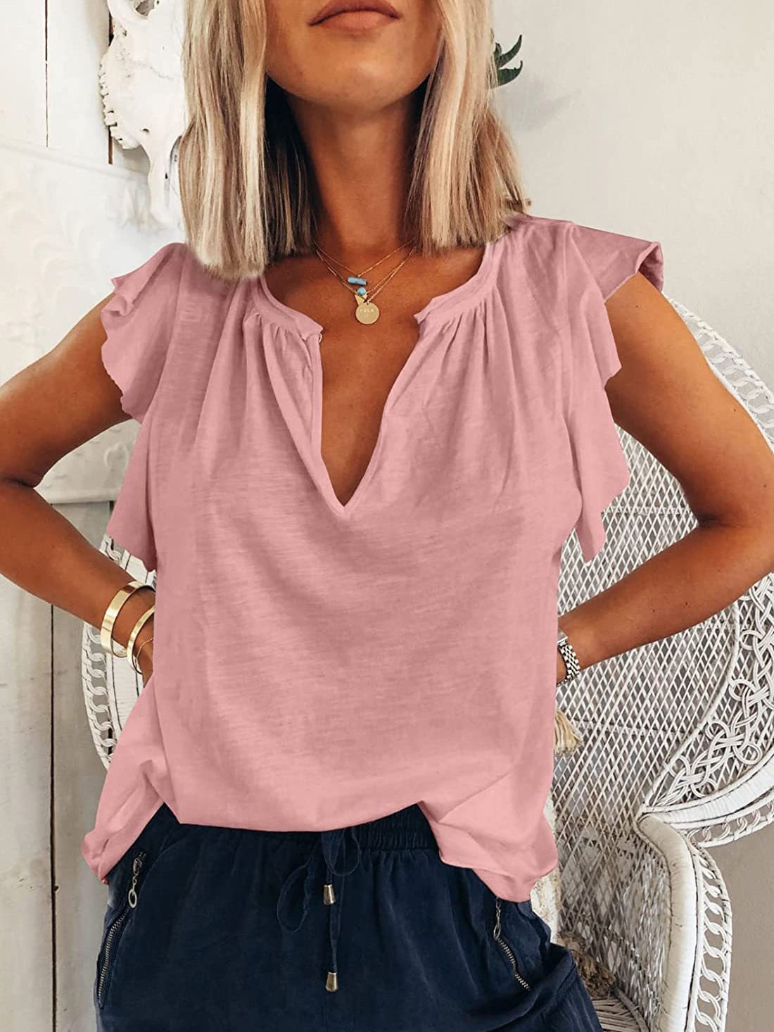 Women's T-Shirts Solid V-Neck Ruffle Short Sleeve T-Shirt - LuckyFash™