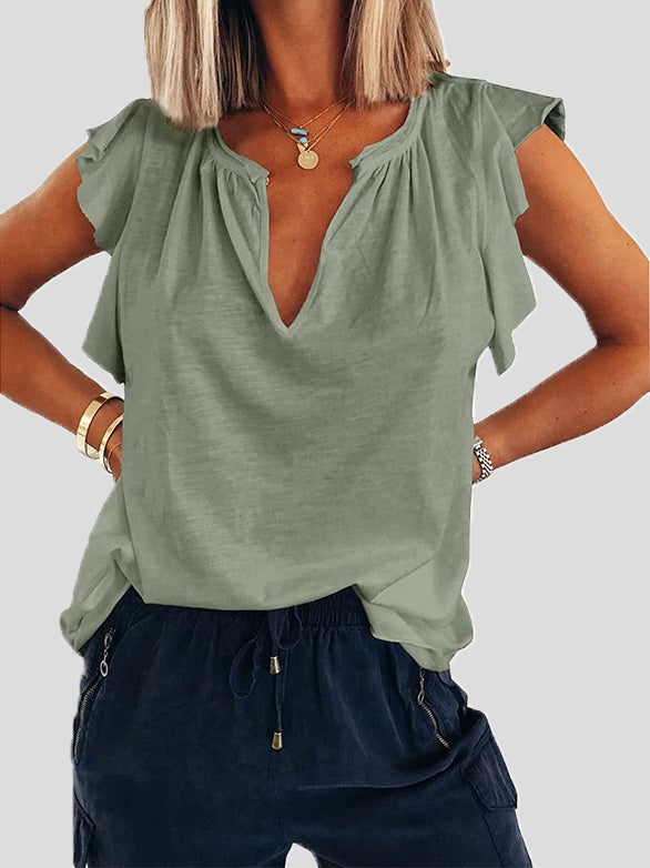 Women's T-Shirts Solid V-Neck Ruffle Short Sleeve T-Shirt - LuckyFash™