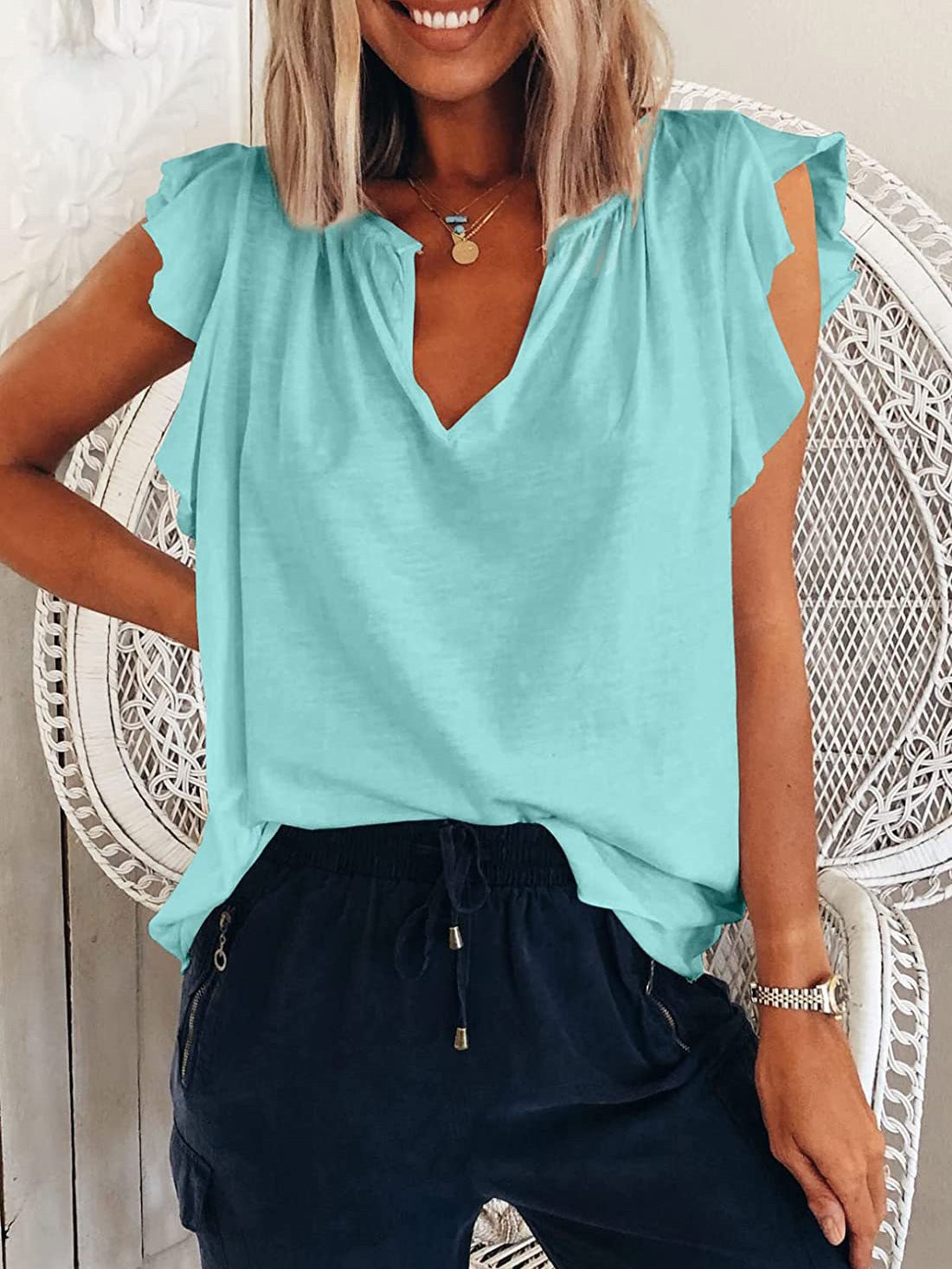 Women's T-Shirts Solid V-Neck Ruffle Short Sleeve T-Shirt - LuckyFash™