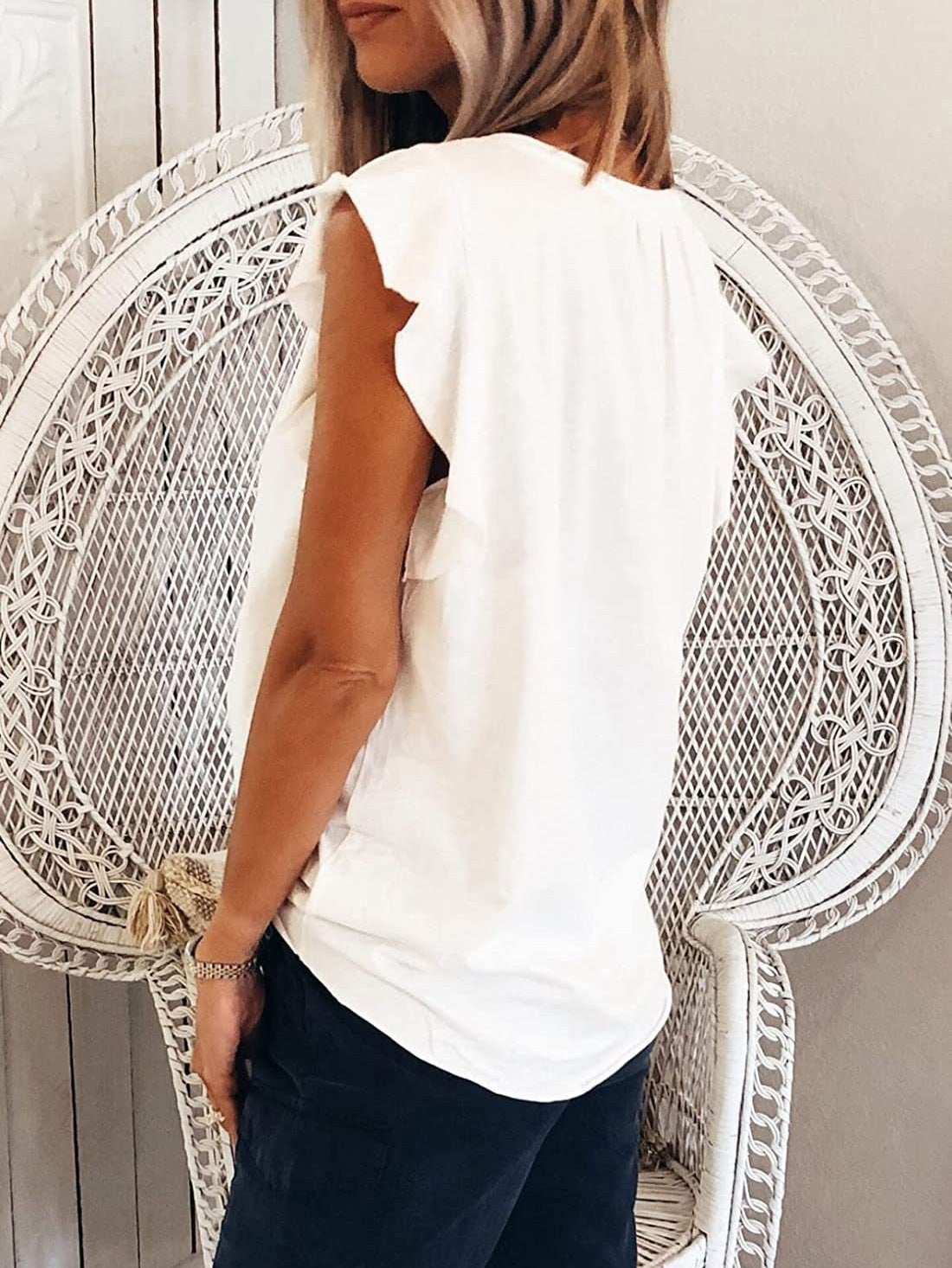 Women's T-Shirts Solid V-Neck Ruffle Short Sleeve T-Shirt - LuckyFash™