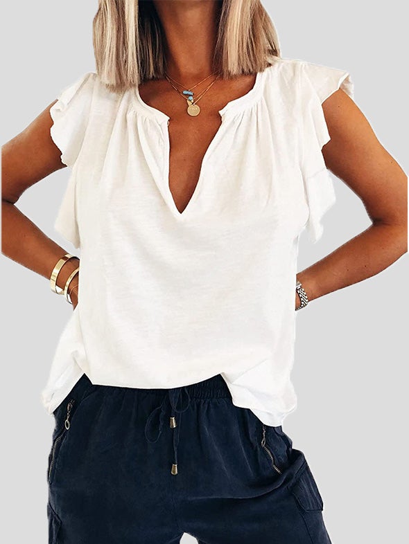 Women's T-Shirts Solid V-Neck Ruffle Short Sleeve T-Shirt - LuckyFash™