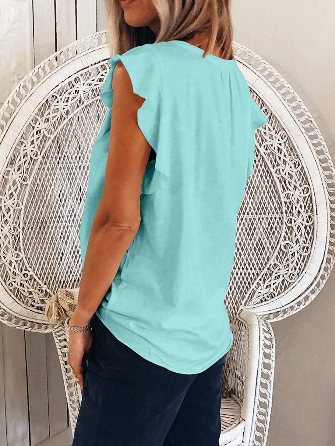 Women's T-Shirts Solid V-Neck Ruffle Short Sleeve T-Shirt - LuckyFash™
