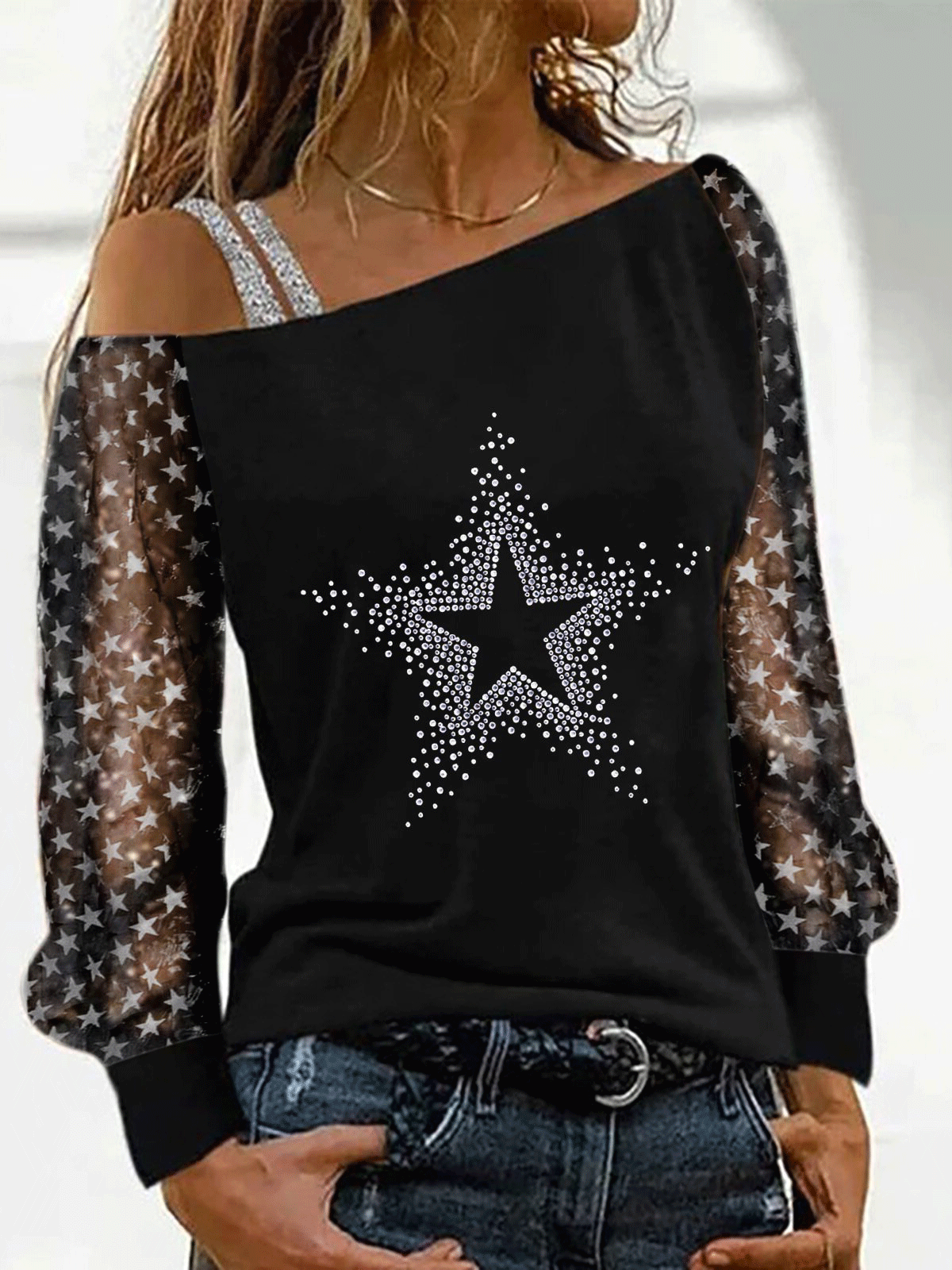 Women's T-Shirts Strapless Hot Rhinestone Star Long Sleeve T-Shirt - LuckyFash™