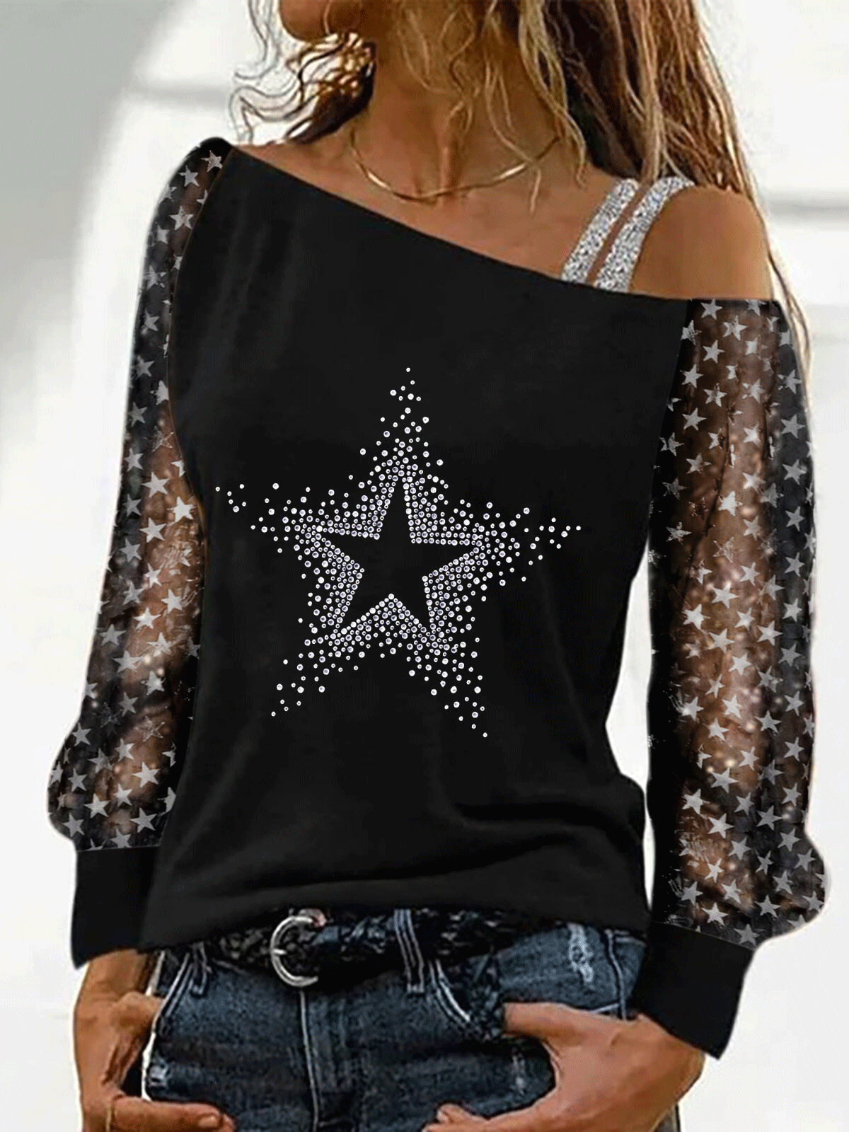 Women's T-Shirts Strapless Hot Rhinestone Star Long Sleeve T-Shirt - LuckyFash™