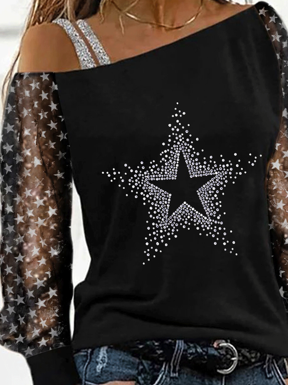 Women's T-Shirts Strapless Hot Rhinestone Star Long Sleeve T-Shirt - LuckyFash™