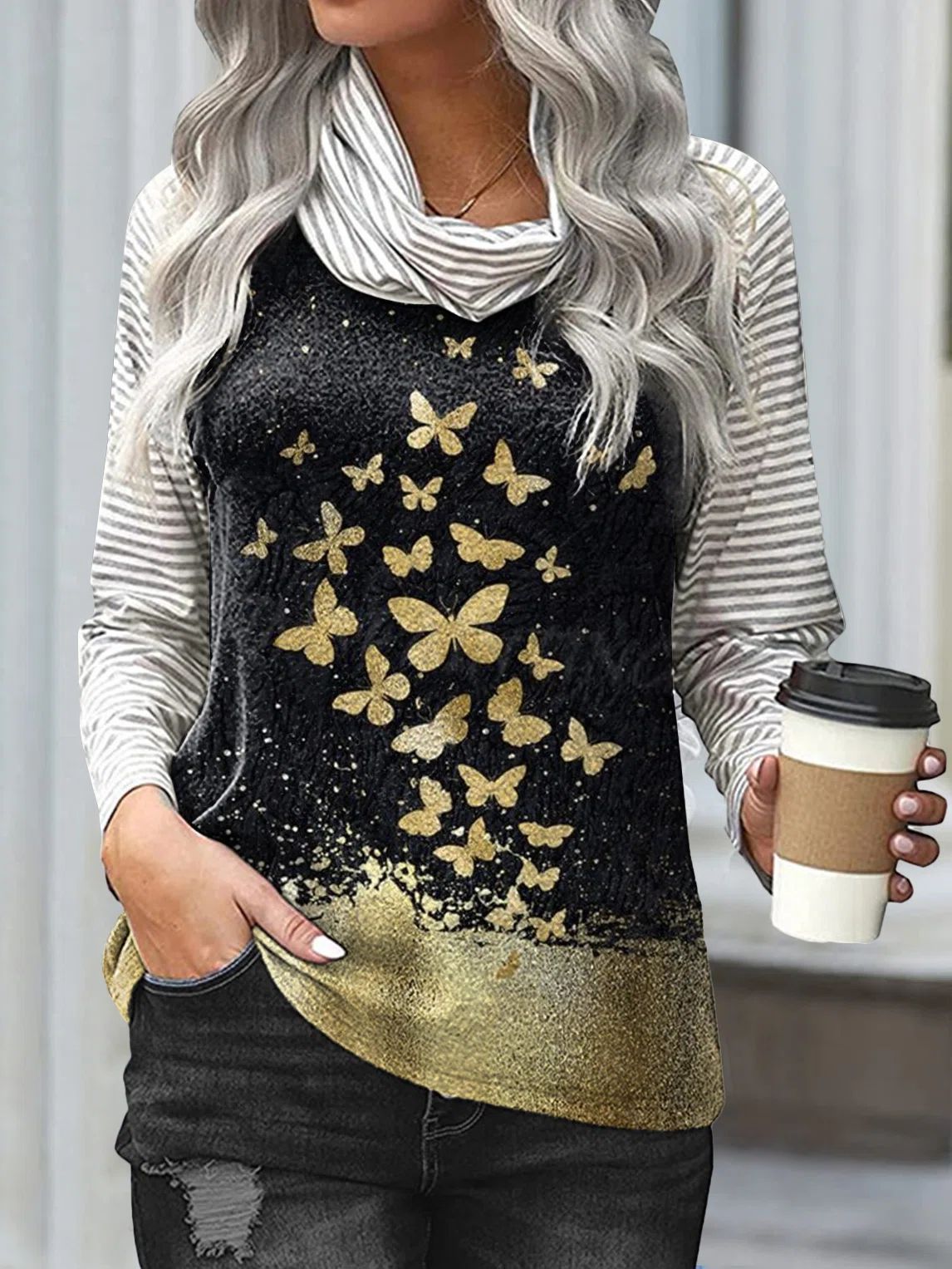 Women's T-Shirts Striped Butterfly Print Long Sleeve T-Shirts - LuckyFash™