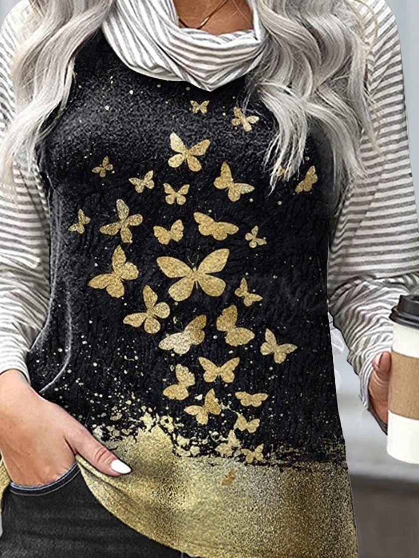 Women's T-Shirts Striped Butterfly Print Long Sleeve T-Shirts - LuckyFash™