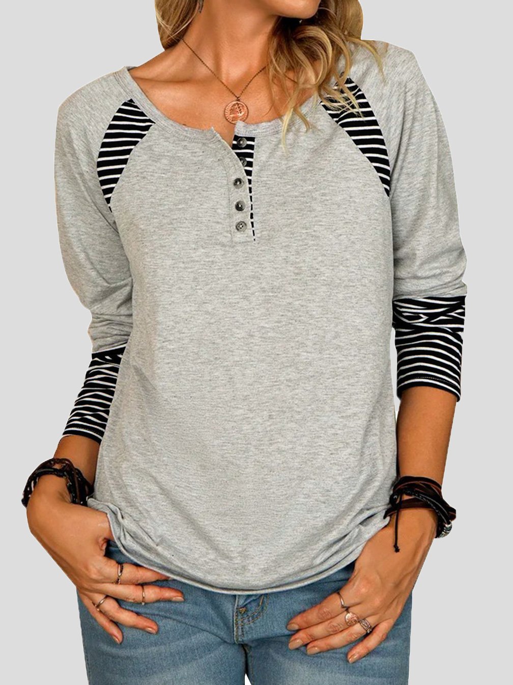Women's T-Shirts Striped Printed Button Long Sleeve T-Shirt - LuckyFash™