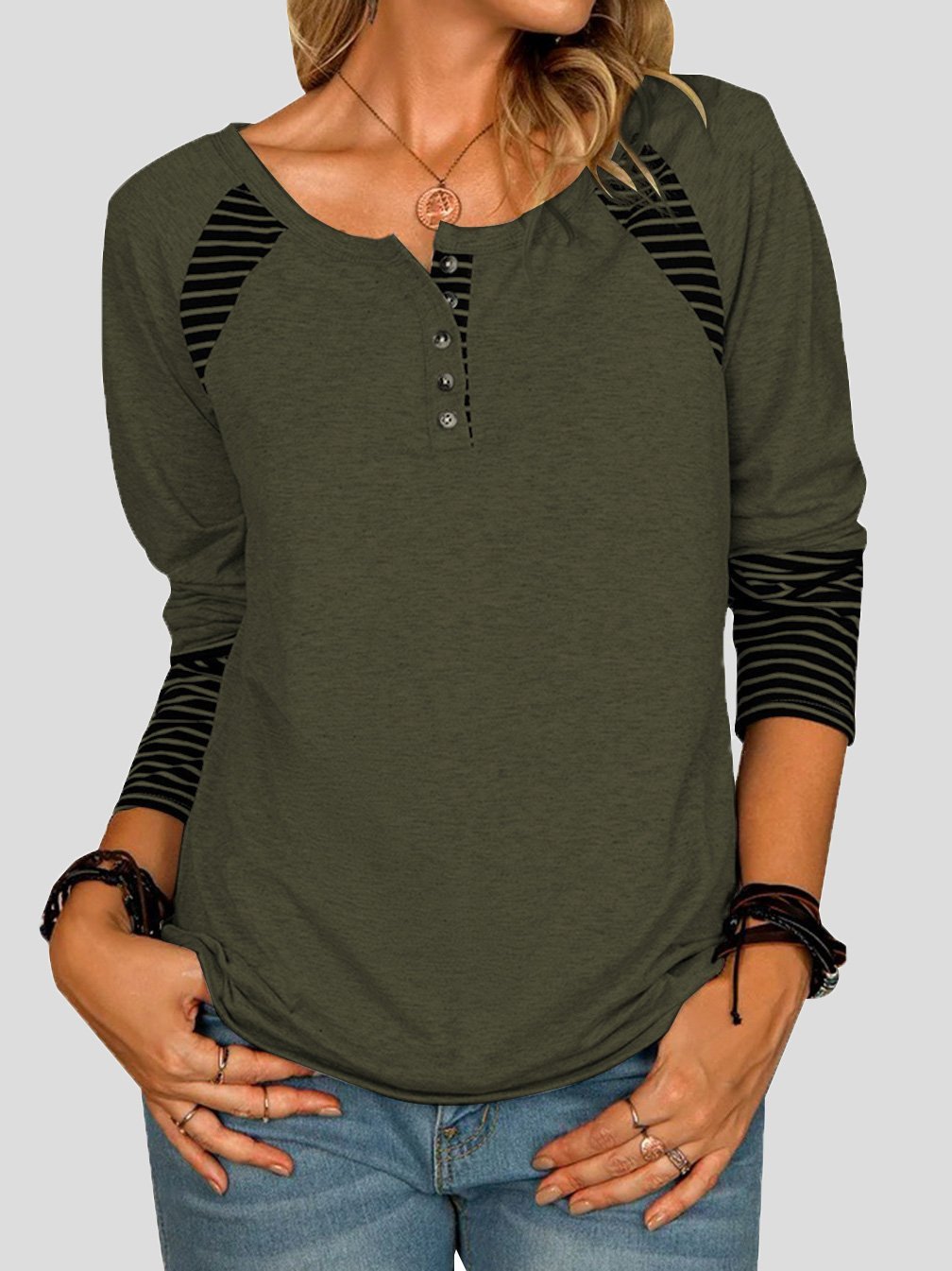 Women's T-Shirts Striped Printed Button Long Sleeve T-Shirt - LuckyFash™