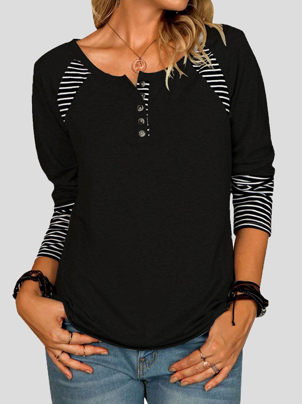 Women's T-Shirts Striped Printed Button Long Sleeve T-Shirt - LuckyFash™