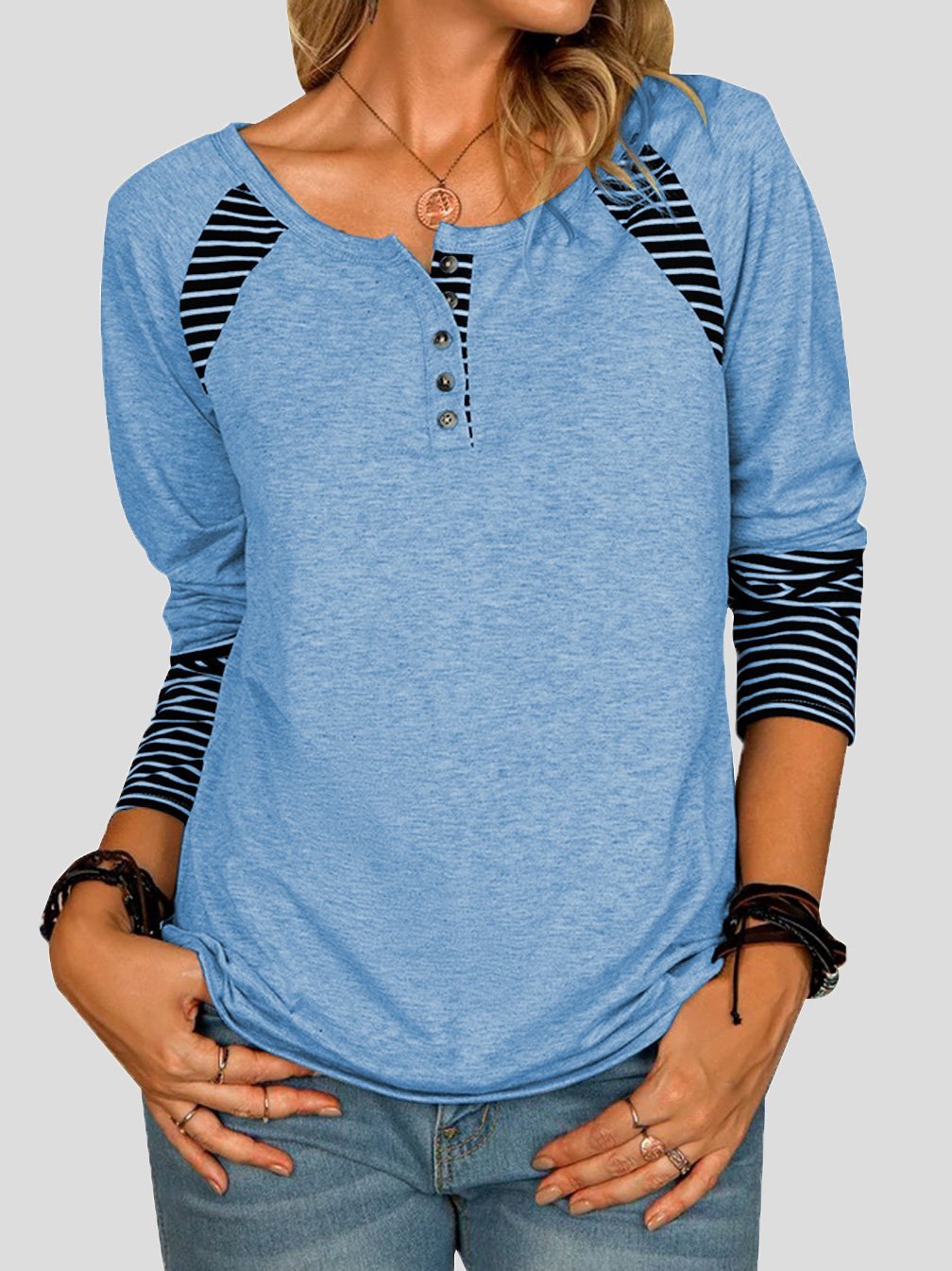 Women's T-Shirts Striped Printed Button Long Sleeve T-Shirt - LuckyFash™
