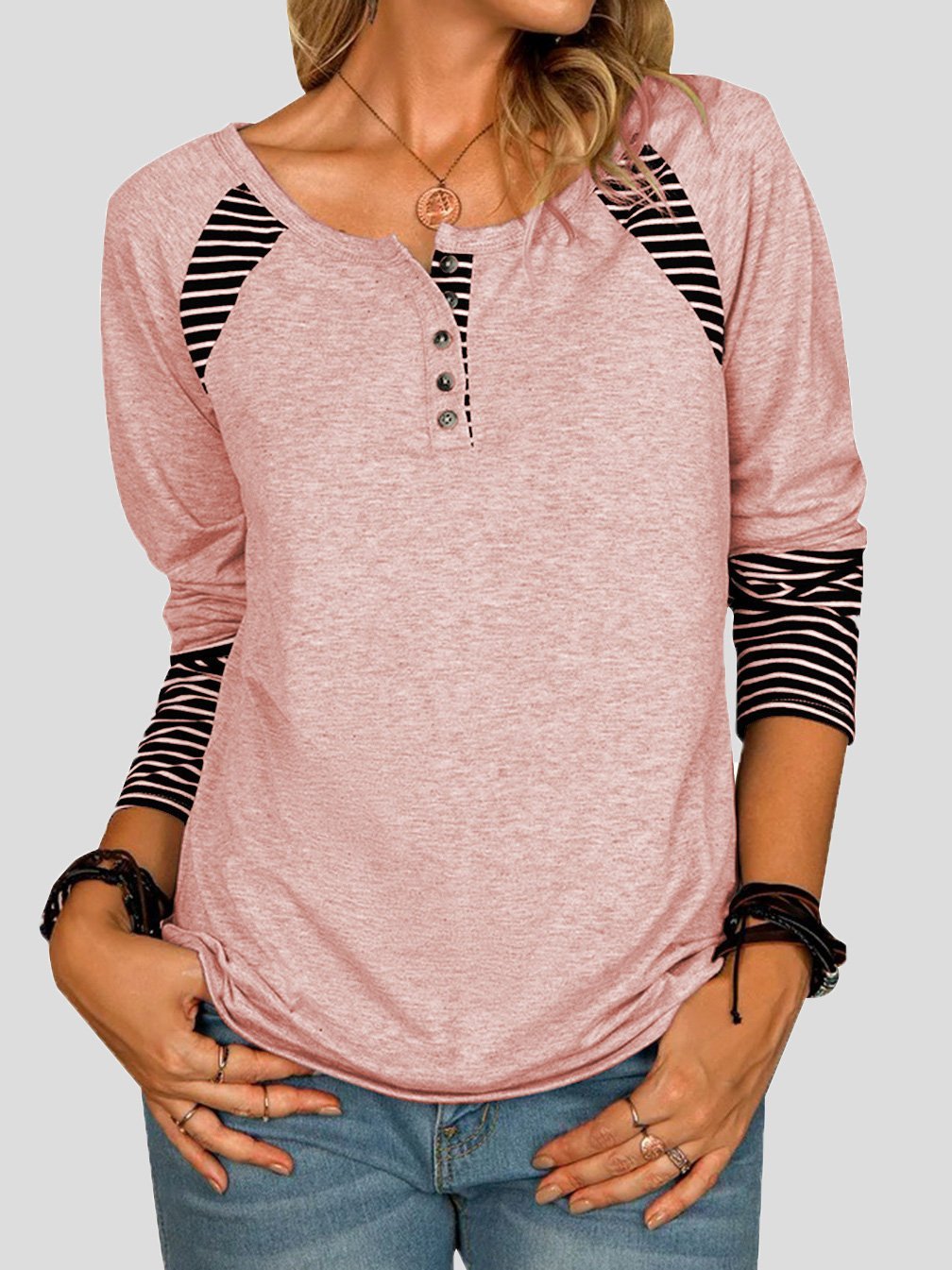 Women's T-Shirts Striped Printed Button Long Sleeve T-Shirt - LuckyFash™