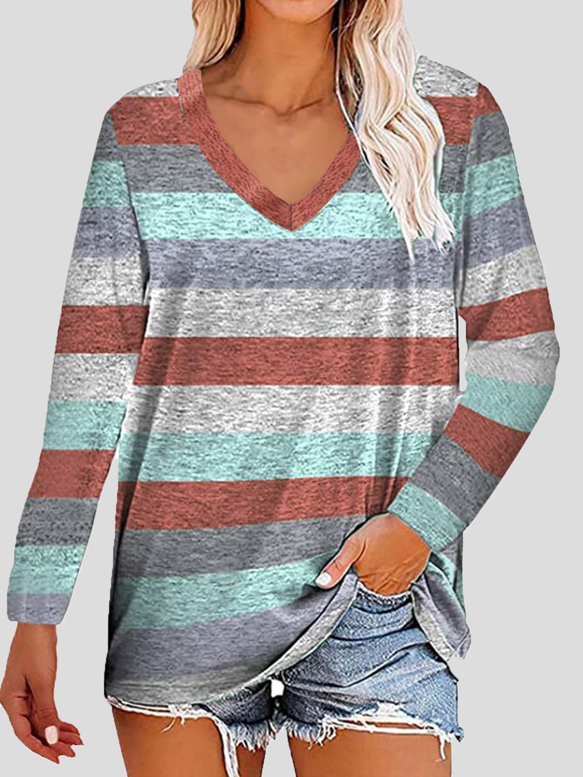 Women's T-Shirts Striped Printed V-Neck Long Sleeve T-Shirts - LuckyFash™