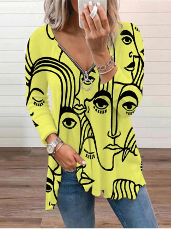 Women's T-Shirts V-Neck Abstract Art Print Long Sleeve T-Shirt - LuckyFash™