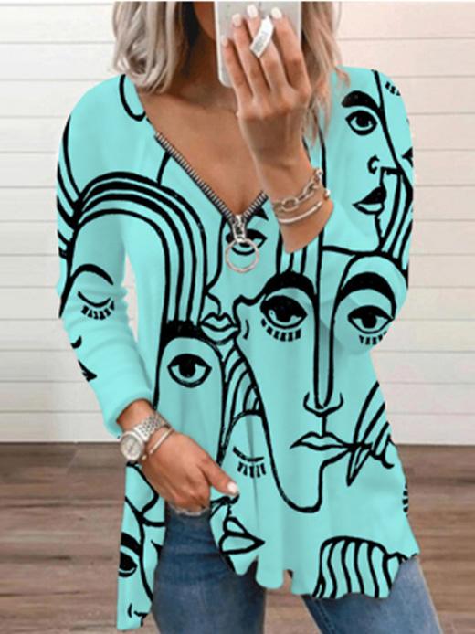 Women's T-Shirts V-Neck Abstract Art Print Long Sleeve T-Shirt - LuckyFash™