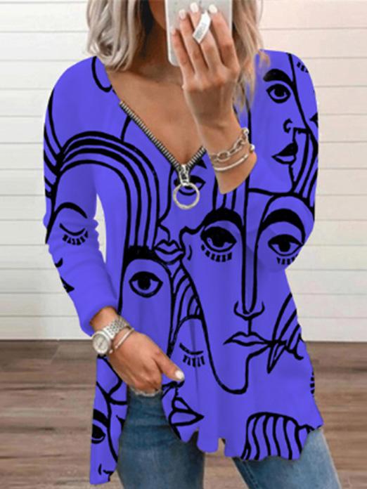 Women's T-Shirts V-Neck Abstract Art Print Long Sleeve T-Shirt - LuckyFash™
