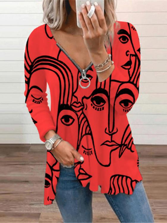 Women's T-Shirts V-Neck Abstract Art Print Long Sleeve T-Shirt - LuckyFash™