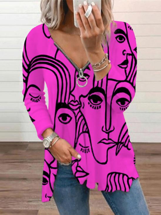 Women's T-Shirts V-Neck Abstract Art Print Long Sleeve T-Shirt - LuckyFash™