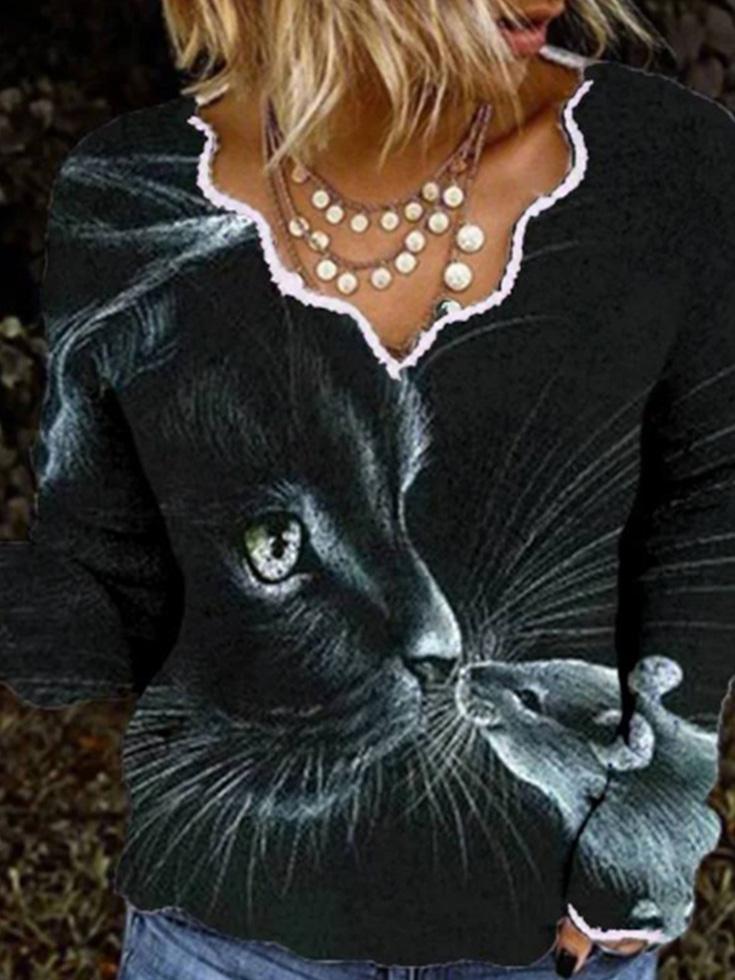 Women's T-Shirts V-Neck Cat And Mouse Print Long Sleeve T-Shirt - LuckyFash™