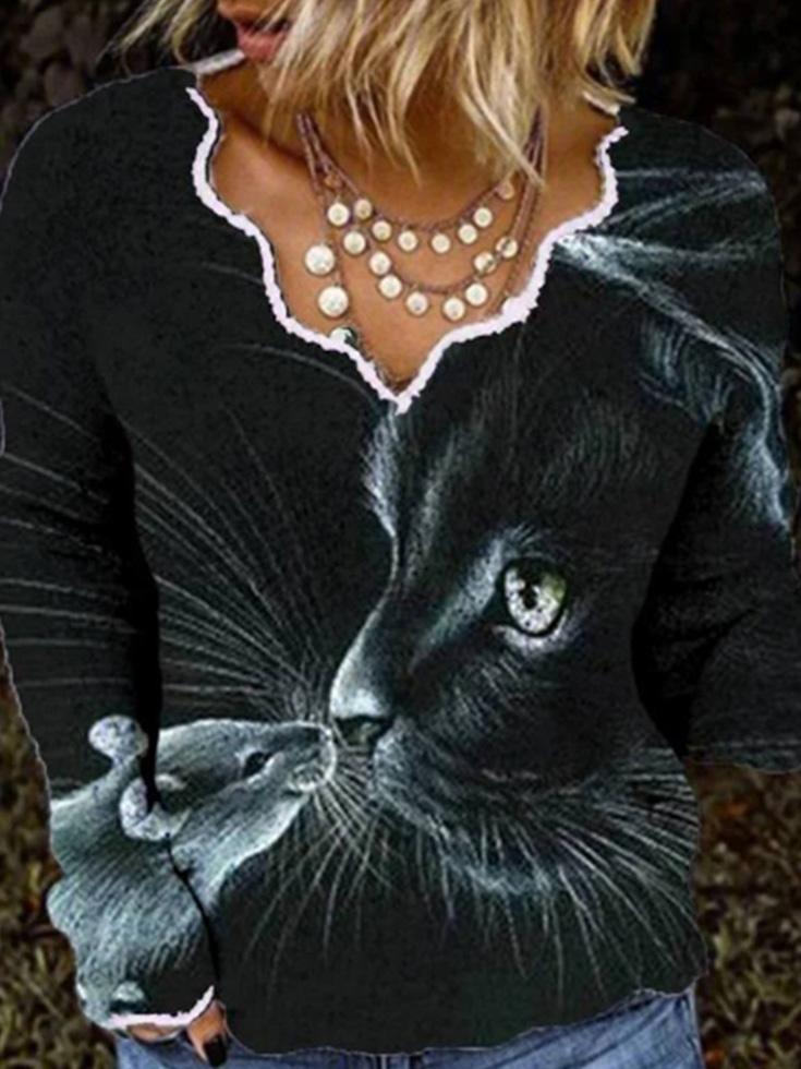 Women's T-Shirts V-Neck Cat And Mouse Print Long Sleeve T-Shirt - LuckyFash™