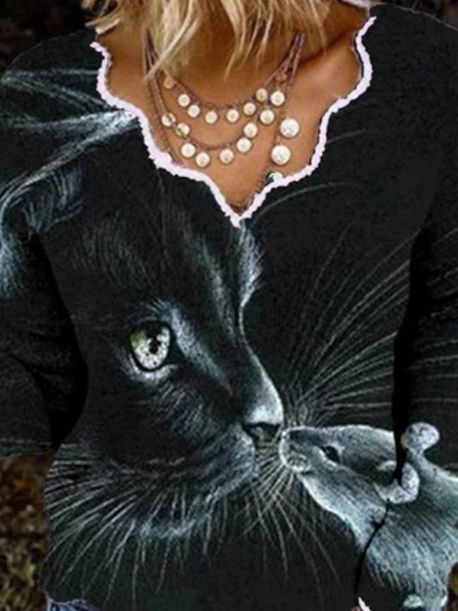 Women's T-Shirts V-Neck Cat And Mouse Print Long Sleeve T-Shirt - LuckyFash™