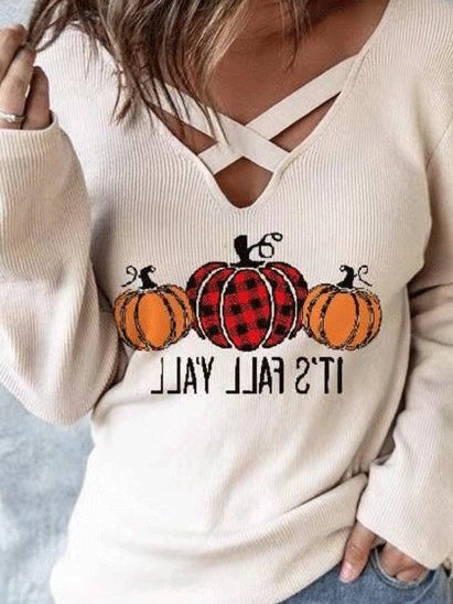 Women's T-Shirts V-Neck Cross Pumpkin Long Sleeve T-Shirt - LuckyFash™