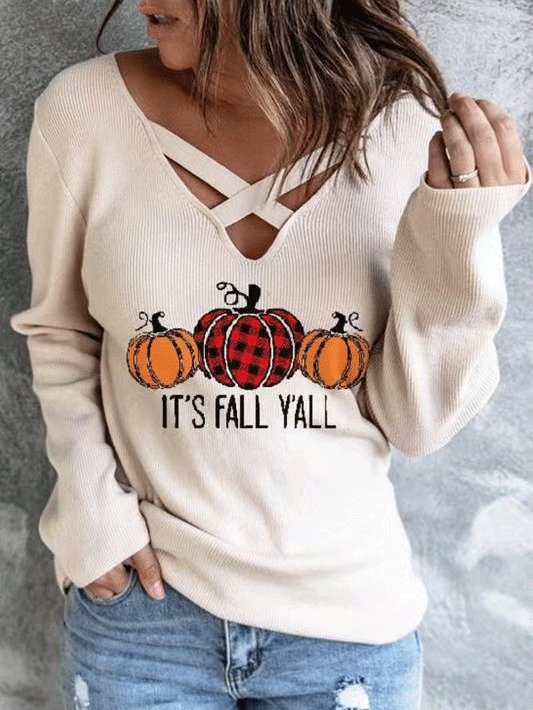 Women's T-Shirts V-Neck Cross Pumpkin Long Sleeve T-Shirt - LuckyFash™