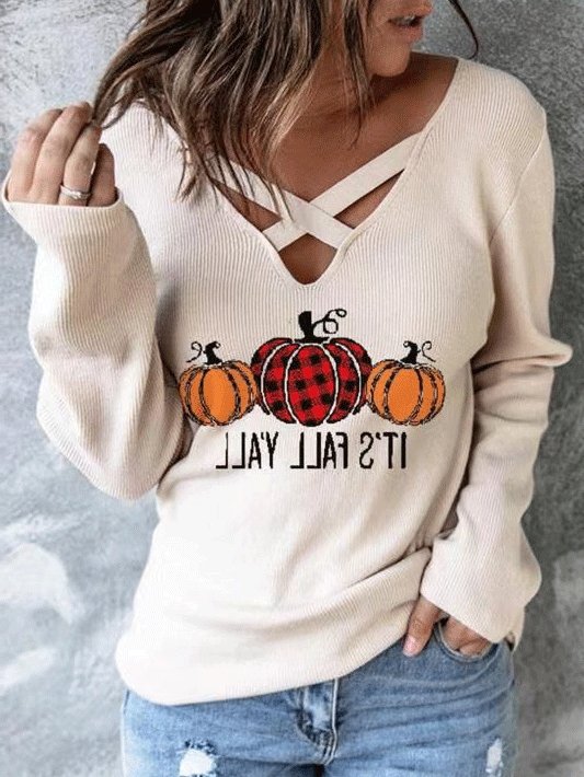 Women's T-Shirts V-Neck Cross Pumpkin Long Sleeve T-Shirt - LuckyFash™
