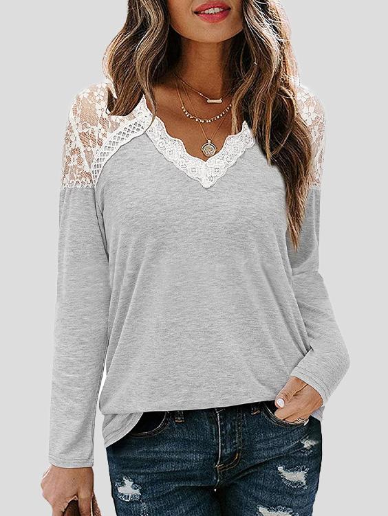Women's T-Shirts V-Neck Lace Long Sleeve Casual T-Shirt - LuckyFash™