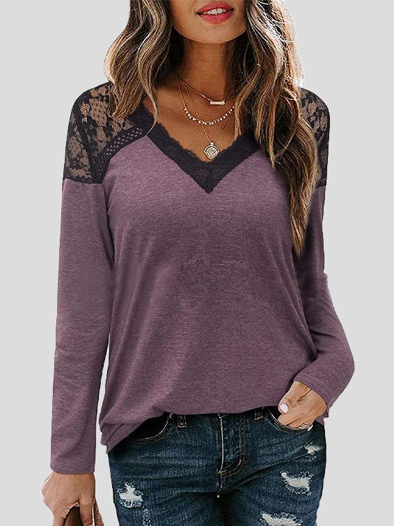 Women's T-Shirts V-Neck Lace Long Sleeve Casual T-Shirt - LuckyFash™