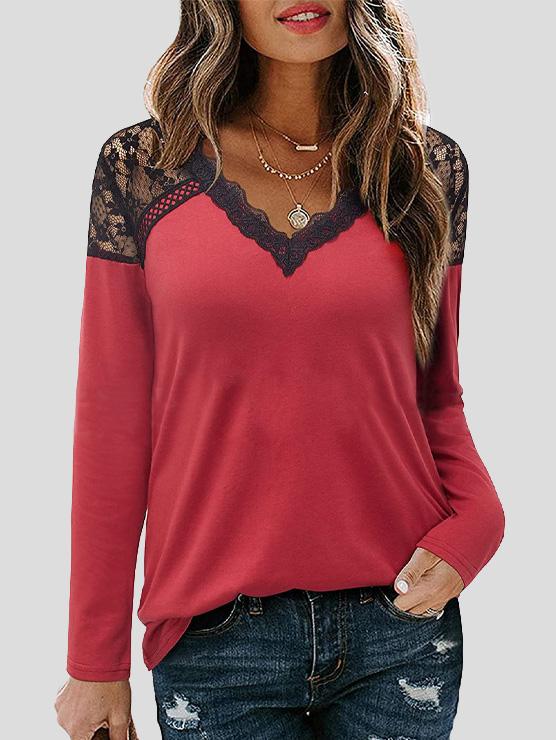 Women's T-Shirts V-Neck Lace Long Sleeve Casual T-Shirt - LuckyFash™