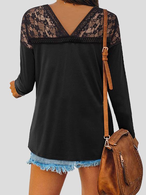 Women's T-Shirts V-Neck Lace Long Sleeve Casual T-Shirt - LuckyFash™