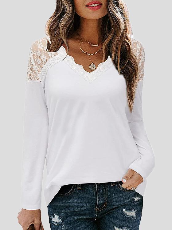 Women's T-Shirts V-Neck Lace Long Sleeve Casual T-Shirt - LuckyFash™