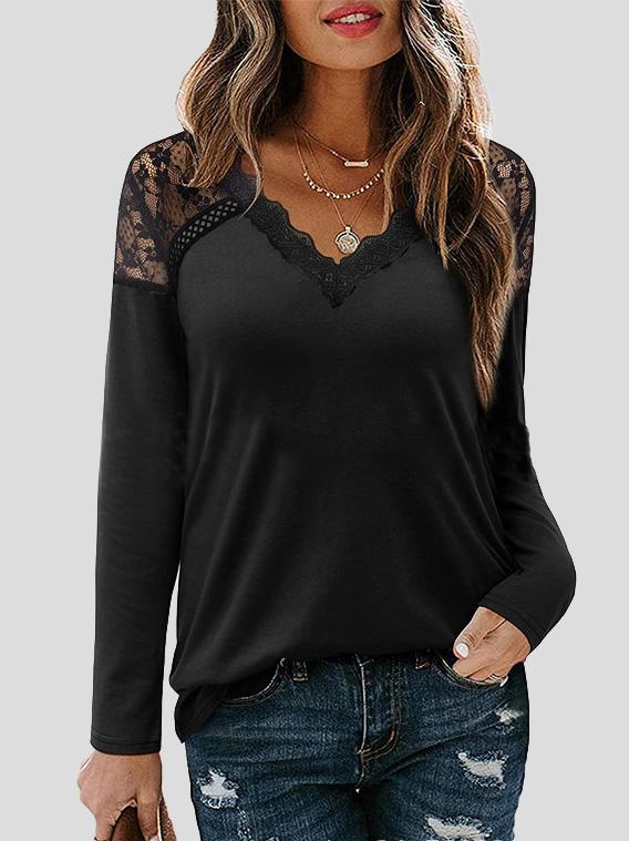 Women's T-Shirts V-Neck Lace Long Sleeve Casual T-Shirt - LuckyFash™